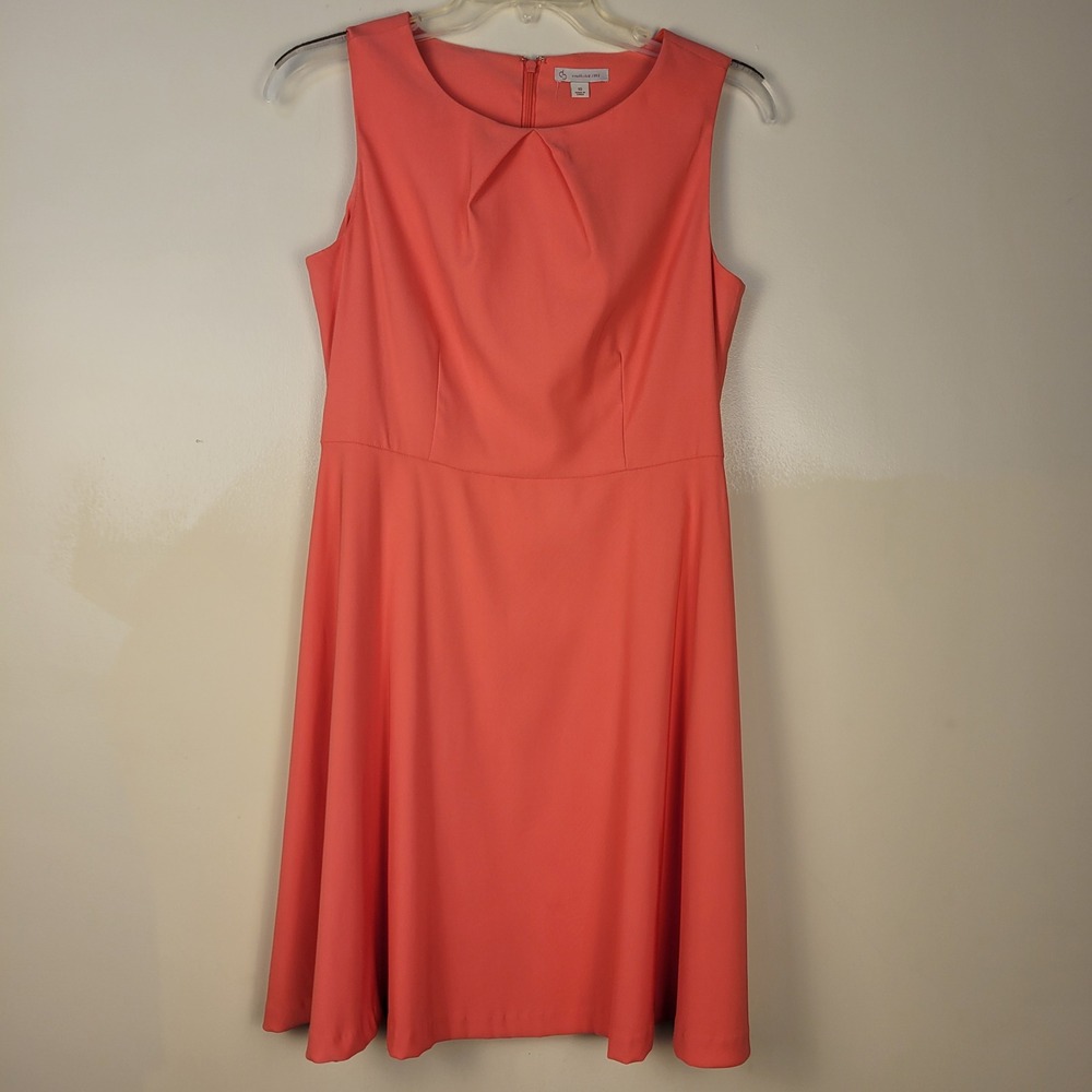 CJ Banks Coral Pink Sleeveless Fit & Flare Pleated Neck Dress Womens Size 10